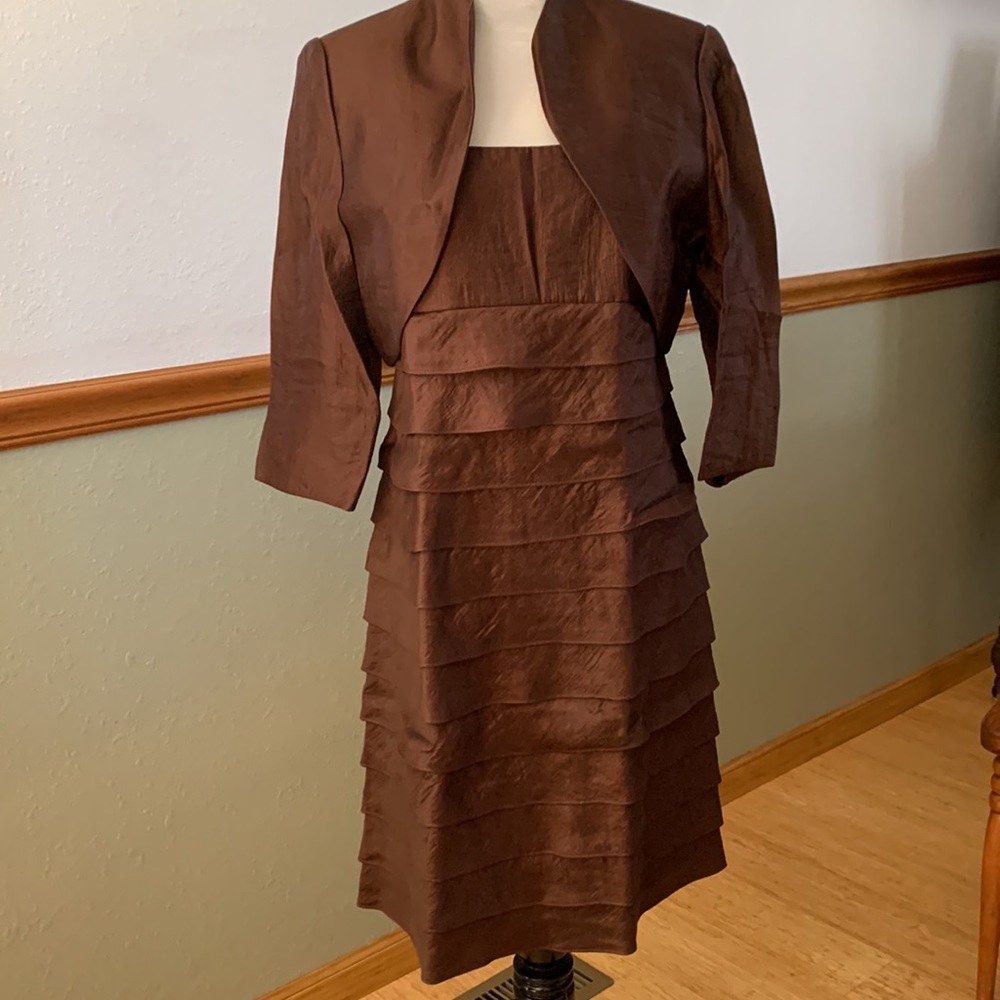 Elegant Brown Tiered Cocktail Dress with Matching Jacket